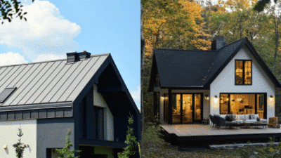 Modern house designs: sleek rooftop under blue sky and cozy cabin-style home with wooden deck at dusk.