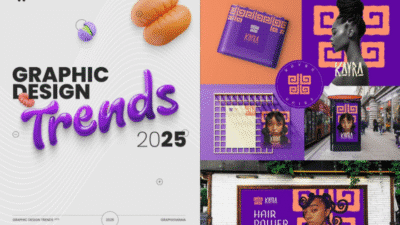 Collage showcasing graphic design trends for 2025, highlighting vibrant colors and modern aesthetics.