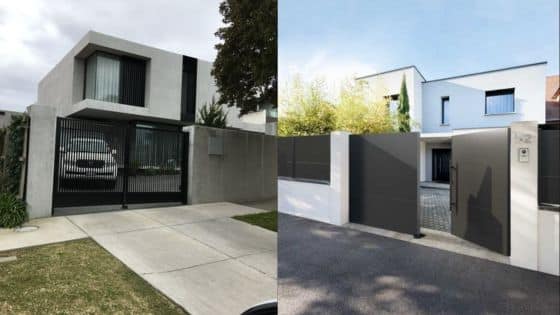 Modern minimalist homes with gated driveways and sleek architectural designs.