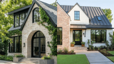 Modern cottage homes with large windows and lush greenery, showcasing contrasting architectural styles.