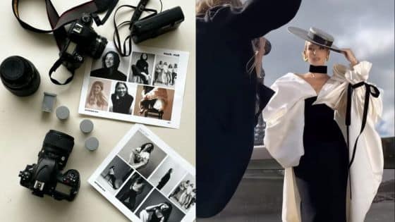 Fashion photoshoot setup: cameras, photos on table, model posing stylishly outdoors in a hat and elegant outfit.