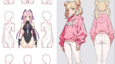 Anime character design tutorial with model sketches and styling, featuring pink hoodie and intricate female outfits.