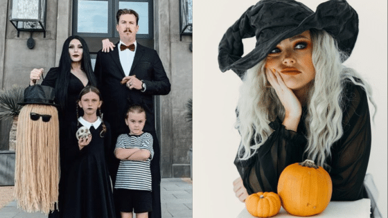 Family dressed as Addams Family characters; woman in witch hat with pumpkins. Halloween costume fun.