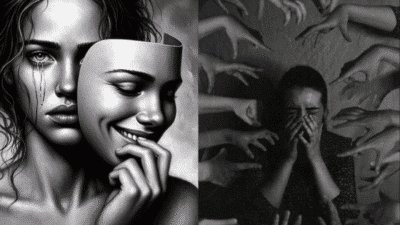 Emotional duality: A woman holding a smiling mask, surrounded by pointing hands expressing anxiety and hidden feelings.