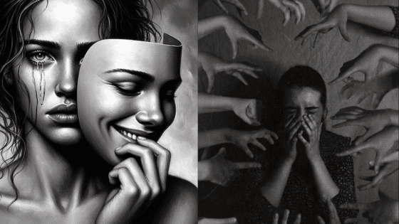 Viewing Deck Blog 2 Emotional duality: A woman holding a smiling mask, surrounded by pointing hands expressing anxiety and hidden feelings. | Sky Rye Design Emotional duality: A woman holding a smiling mask, surrounded by pointing hands expressing anxiety and hidden feelings.