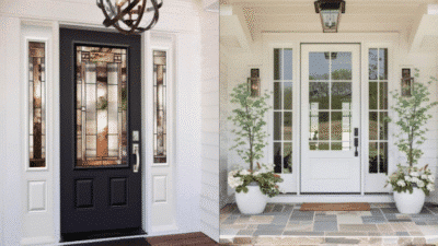 Modern black and white front doors with glass panels; stylish entrances with decorative sidelights and transom windows.