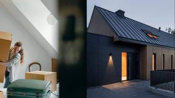 Person unpacking boxes next to a house exterior at dusk, modern home relocation scene.