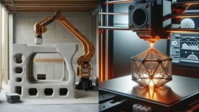 Robotic arm 3D printing building and intricate geometric structure, showcasing innovative construction technology.