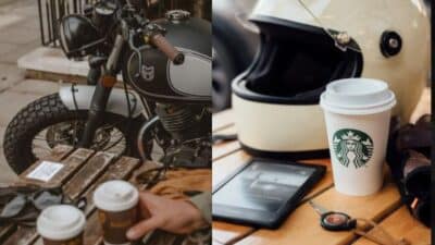 Motorcycle next to coffee cups on table, with helmet, tablet, and keys. Outdoor setting for a relaxing coffee break.