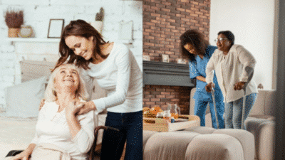 Caregivers assist elderly women at home, promoting support and companionship in a cozy living environment.