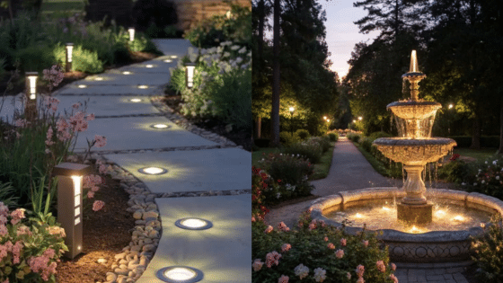 Viewing Deck Blog 2 Pathway with illuminated garden lights and a fountain at dusk, surrounded by lush greenery and blooming flowers. | Sky Rye Design Pathway with illuminated garden lights and a fountain at dusk, surrounded by lush greenery and blooming flowers.