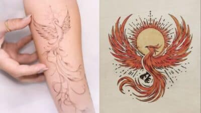 Delicate phoenix tattoo on forearm and vibrant phoenix art with sun, symbolizing rebirth and strength.