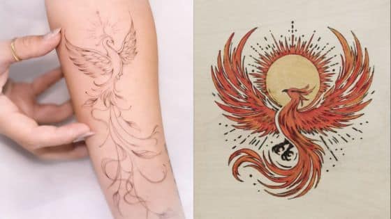 Viewing Deck Blog Delicate phoenix tattoo on forearm and vibrant phoenix art with sun, symbolizing rebirth and strength. | Sky Rye Design Delicate phoenix tattoo on forearm and vibrant phoenix art with sun, symbolizing rebirth and strength.