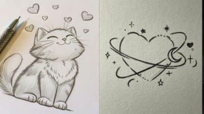 Cute cat doodle with heart decorations; cosmic heart sketch with orbiting lines and stars. Ideal for art lovers.