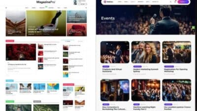 Website designs showcasing magazine and events pages with articles and event listings.