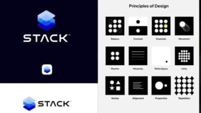 Design principles and Stack logo with blue geometric design, featuring concepts like balance, emphasis, and unity.