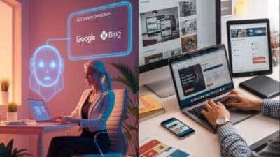 AI content detection tools by Google and Bing, with professionals using laptops for analysis and content management.
