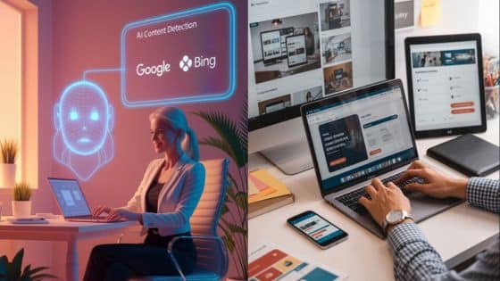 Viewing Deck Blog - 2025-09-03T112151595 AI content detection tools by Google and Bing, with professionals using laptops for analysis and content management. | Sky Rye Design AI content detection tools by Google and Bing, with professionals using laptops for analysis and content management.