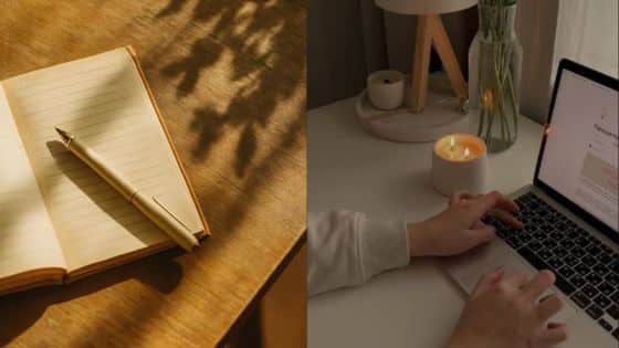 Viewing Deck Blog - 2025-09-03T144001680 Open notebook with a pen on a sunlit desk and hands typing on a laptop near a lit candle on a cozy workspace. | Sky Rye Design Open notebook with a pen on a sunlit desk and hands typing on a laptop near a lit candle on a cozy workspace.