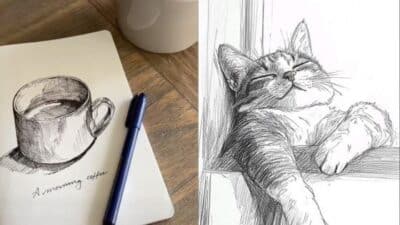 Sketch of coffee cup with pen and content cat illustration, capturing morning relaxation and creativity.