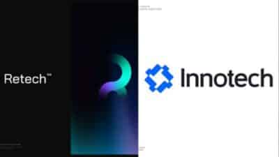 Logos of Retech and Innotech with a vibrant abstract design in the center, set against contrasting backgrounds.