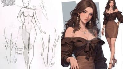 Fashion illustration with model sketch, showcasing off-shoulder brown dress and design notes.