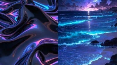 Abstract black and purple waves next to a glowing blue ocean under a starry night sky.