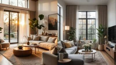 Modern living room interiors with cozy furniture, indoor plants, and large windows letting in natural light.
