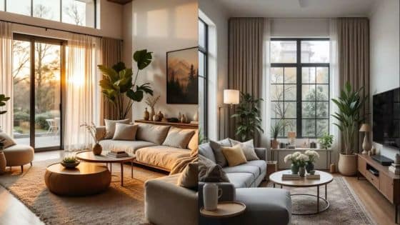 Viewing Deck Blog - 2025-09-08T100045546 Modern living room interiors with cozy furniture, indoor plants, and large windows letting in natural light. | Sky Rye Design Modern living room interiors with cozy furniture, indoor plants, and large windows letting in natural light.