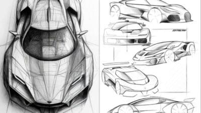 Concept car sketches highlighting futuristic designs and aerodynamic aesthetics, showcasing innovative automotive artistry.