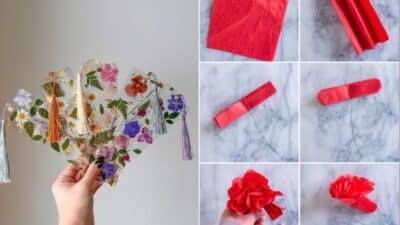 Hand holding floral bookmarks; step-by-step guide to making a red tissue paper flower on the right.