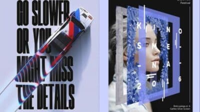 Race car over Go Slower text and abstract art poster with face and floral accents for Kino Smelana Festival 2016.