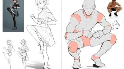 Illustration process of dynamic poses from reference figures, showing sketch and final drawing stages.