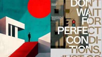 Man on red stairs with abstract architecture, large red sun, and motivational text: Don't wait for perfect conditions.