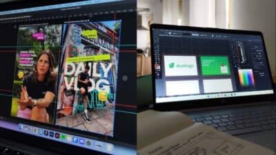 Graphic design work on a laptop screen, featuring a vlog cover and a language app template.