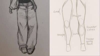 Fashion sketch and leg anatomy drawing highlighting pants and calf shapes, including curved and straight lines.