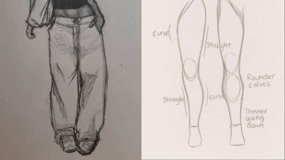 Viewing Deck Blog - 2025-09-15T151406865 Fashion sketch and leg anatomy drawing highlighting pants and calf shapes, including curved and straight lines. | Sky Rye Design Fashion sketch and leg anatomy drawing highlighting pants and calf shapes, including curved and straight lines.