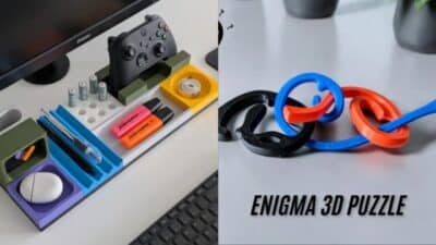 Organized desk setup with colorful stationery and a gaming controller; Enigma 3D puzzle rings in black, blue, and red.