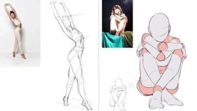 Illustration techniques: posing references and sketches of two figures, one stretching, the other sitting with arms crossed.