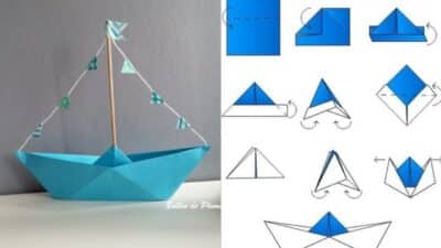 Origami boat creation: completed blue paper sailboat and step-by-step folding instructions.