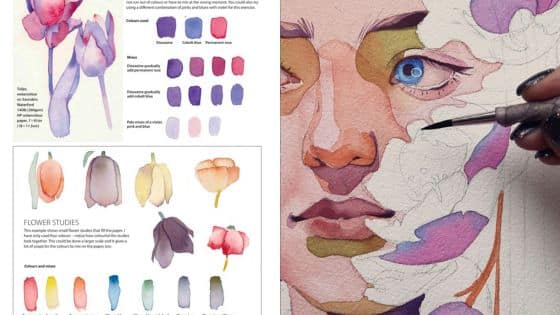 Watercolor flower and face art with color swatches and studies, depicting vibrant and creative artistic techniques.