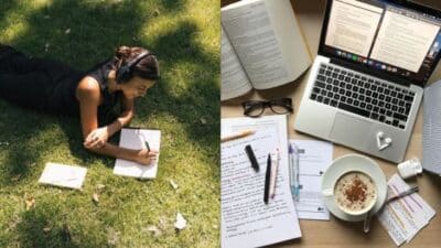Person writing outdoors and studying with laptop, books, and coffee, illustrating study environments indoors and out.