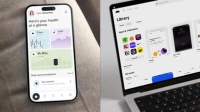Smartphone health app and laptop app library displaying digital interfaces.