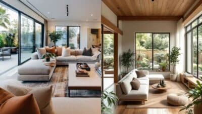 Modern living rooms with large windows, cozy sofas, and lush indoor plants, blending indoor and outdoor spaces.
