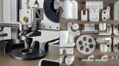 3D printer creating mechanical parts on one side, alongside completed plastic gears and components on the other.