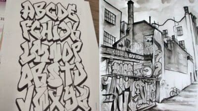 Alphabet graffiti on left; urban street art with building and graffiti on right. Black and white artwork contrast.