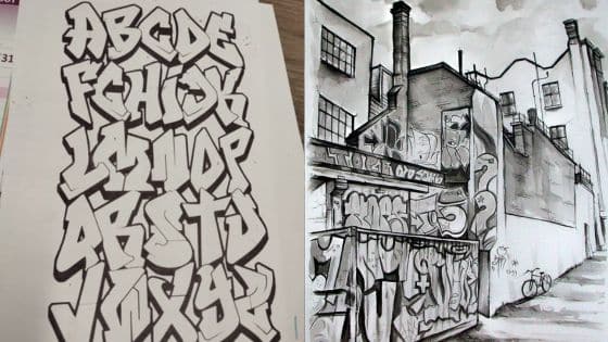 Viewing Deck Blog - 2025-09-22T105608697 Alphabet graffiti on left; urban street art with building and graffiti on right. Black and white artwork contrast. | Sky Rye Design Alphabet graffiti on left; urban street art with building and graffiti on right. Black and white artwork contrast.