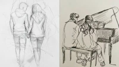 Sketch of couple holding hands beside a sketch of a couple playing a piano, showcasing artistic pencil drawings.