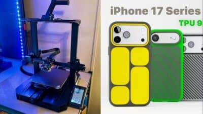 3D printer beside iPhone 17 series TPU cases.