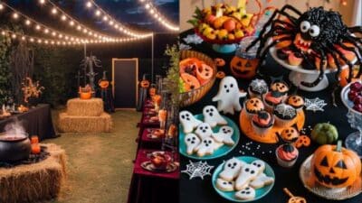 Spooky Halloween party setup with string lights, pumpkins, and themed treats like ghost cookies and spider cake.